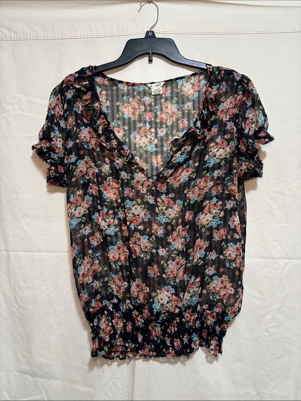 At Last Black Floral V-Neck Smocked Hem Blouse Womens XL